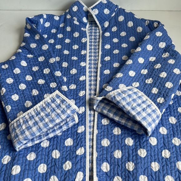 Patty Kim blue with white polka dots quilted roll sleeve open front jacket - Picture 16 of 16
